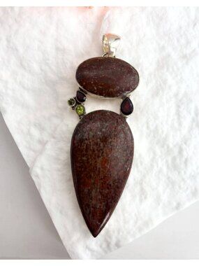 Brown Agate Teardrop Vintage Jumbo Peridot & Garnet Sterling Silver 925 Pendant
